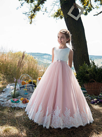 Beautiful Princess Sleeveless Jewel Neck Flower Girl Dress with Tulle Cotton, Lace Belt and Appliques