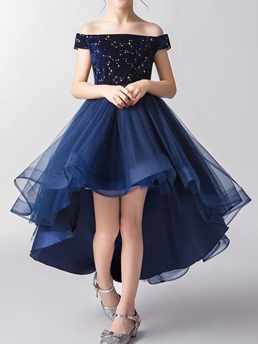 Beautiful Short Sleeve A-Line Flower Girl Dress Tulle with Print