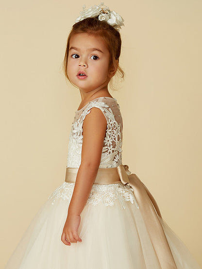 Beautiful Sleeveless Jewel Neck Ball Gown with Lace Tulle, Belt, Buttons, and Beading