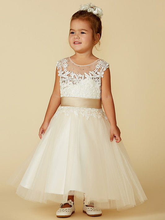 Beautiful Sleeveless Jewel Neck Ball Gown with Lace Tulle, Belt, Buttons, and Beading