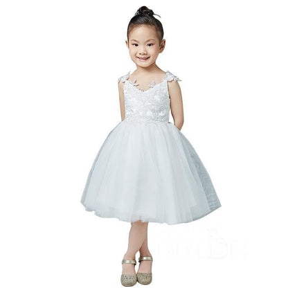Beige V-Neck Sleeveless Ball Gown Flower Girls Dress
