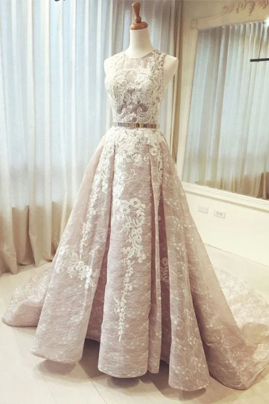 A line Round Neck Sleeveless Ruched Lace Long Prom Wedding Dress with Belt