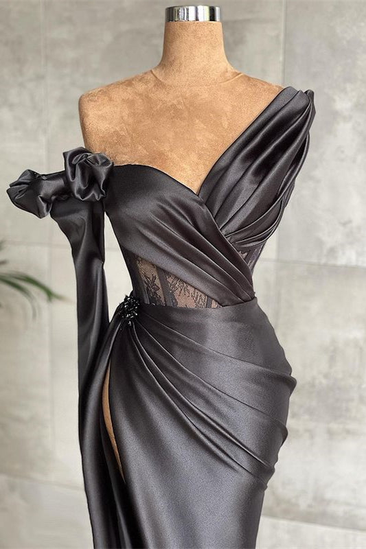 Black Long Sleeves Mermaid One Shoulder Satin Formal Prom Dress