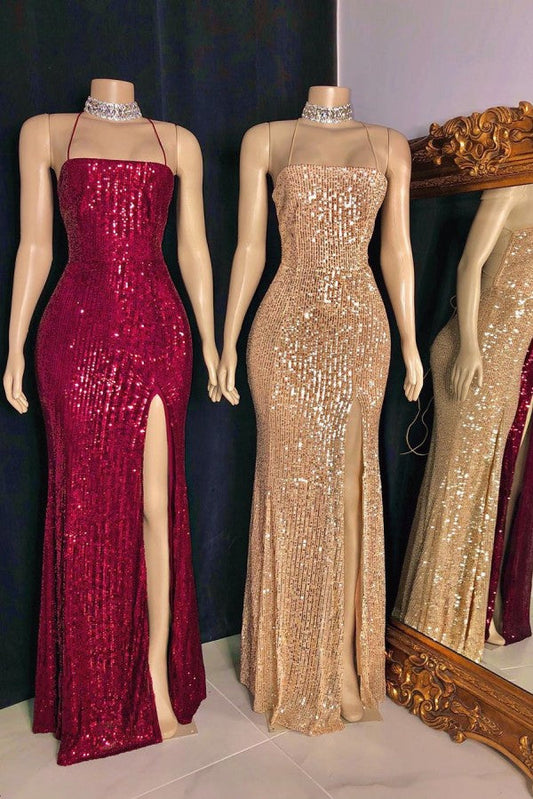 Blingbling Sequins Spaghetti Strap Side Slit Floor-Length Prom Dress