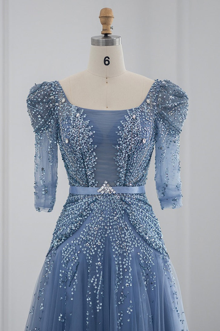 Blue Square Collar A Line Tulle Evening Dress with Appliques