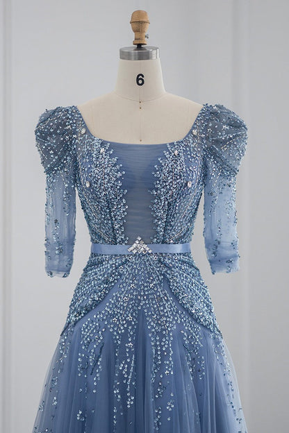 Blue Square Collar A Line Tulle Evening Dress with Appliques