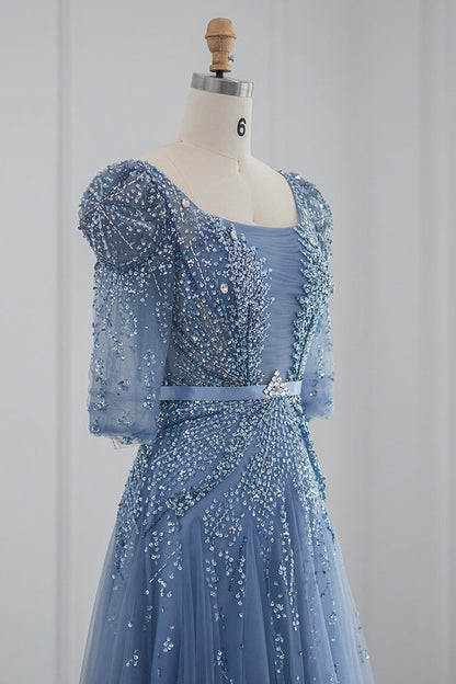 Blue Square Collar A Line Tulle Evening Dress with Appliques