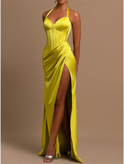Mermaid / Trumpet Evening Gown Corsets Dress Formal Wedding Guest Floor Length Sleeveless Halter Neck Satin with Ruched Slit 2025