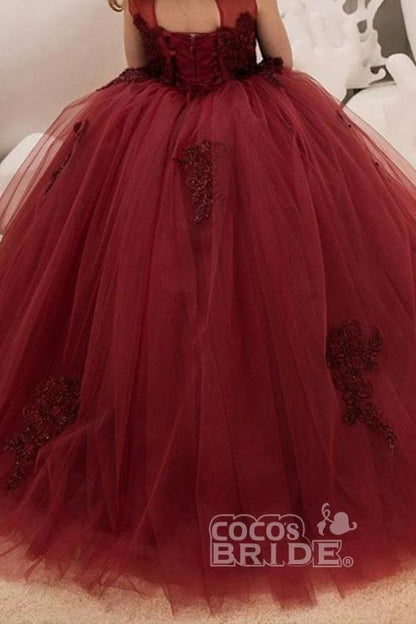 Burgundy Sleeveless Ball Gown Flower Girl Dress with Scoop Neck