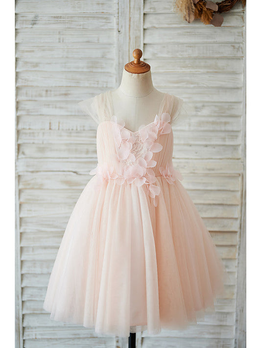 Cap Sleeve Sweetheart Ball Gown Knee Length Flower Girl Dress With Pearls and Tulle