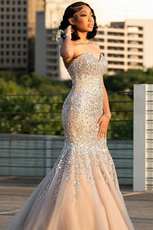 Champagne Sexy Mermaid Crystal Tulle Prom Dress