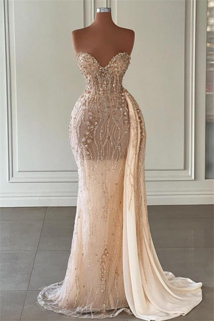Champagne Sweetheart Tulle Crystal Sheath Prom Dress with Overskirt