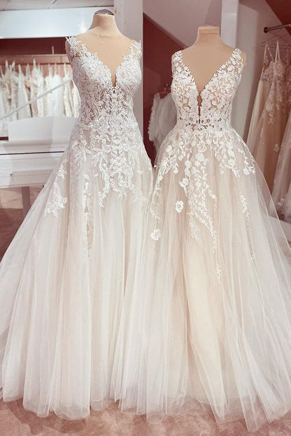 Charming Deep V-neck A-Line Lace Floor-length Wedding Dress with Tulle Appliques