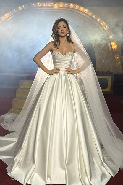 Ivory Satin Wedding Dress Ball Gown Beaded Sweetheart Bridal Dress Off Shoulder Floor Length