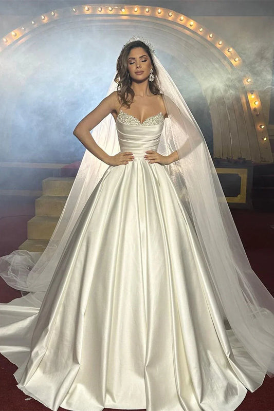 Ivory Satin Wedding Dress Ball Gown Beaded Sweetheart Bridal Dress Off Shoulder Floor Length
