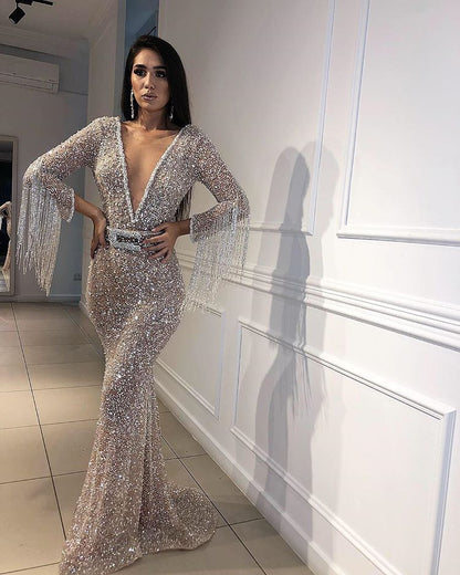 Charming Long Sleeves Mermaid Evening Dress With Sequins Beads and Tassels