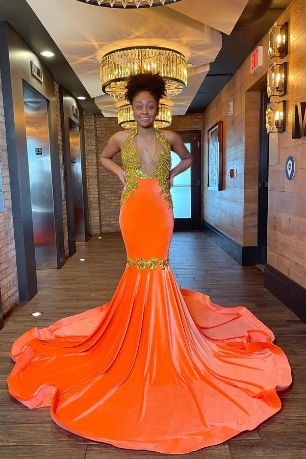 Charming Orange Halter Backless Mermaid Appliques Prom Dress
