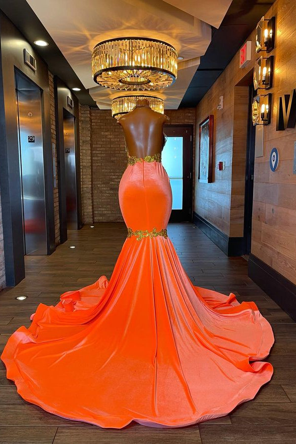 Charming Orange Halter Backless Mermaid Appliques Prom Dress