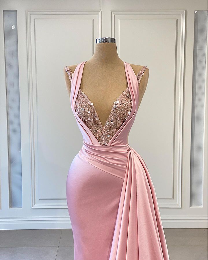 Charming Pink Halter Mermaid Prom Dress - Sleeveless V-Neck Ruffles & Sequins