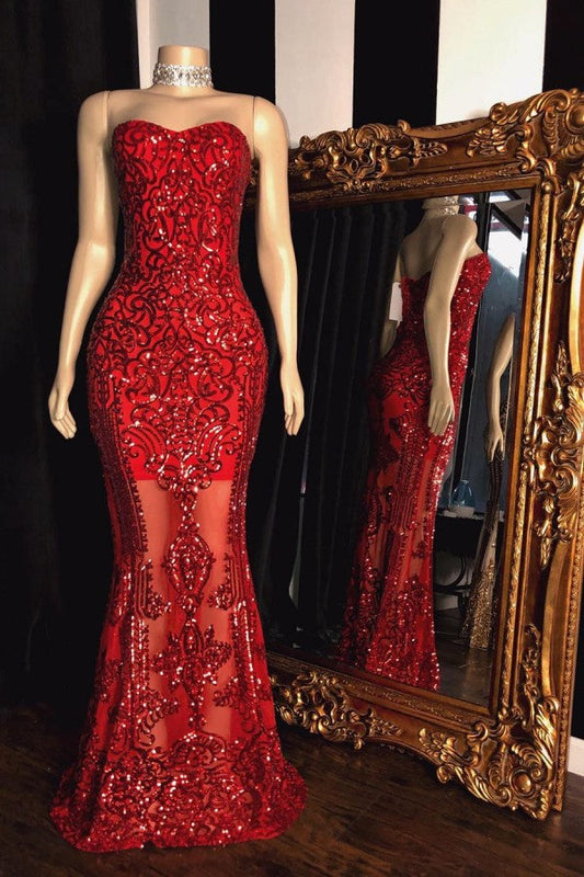 Charming Red Sweetheart Sheath Sequins Floor-Length Prom Dress