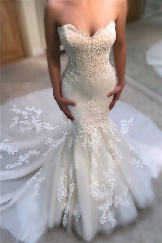 Charming Sweetheart Long Mermaid Lace Appliques Wedding Dress