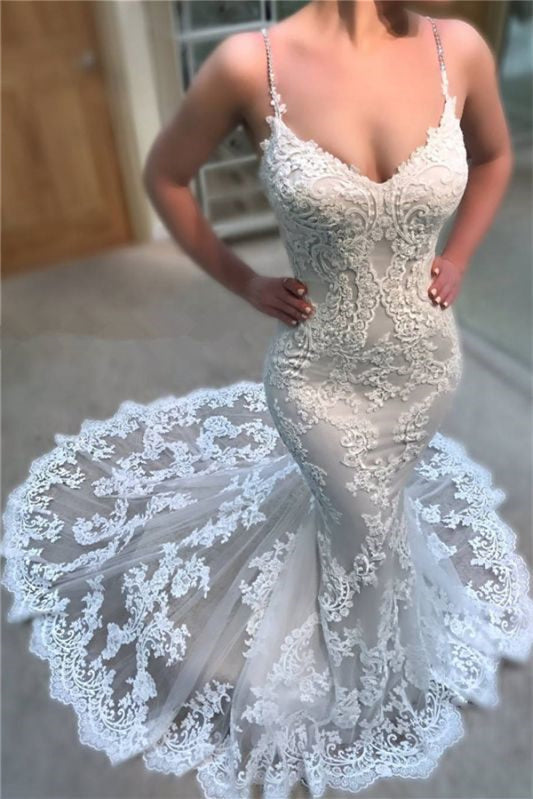Charming V-Neck Long Mermaid Wedding Dress With Lace Appliques