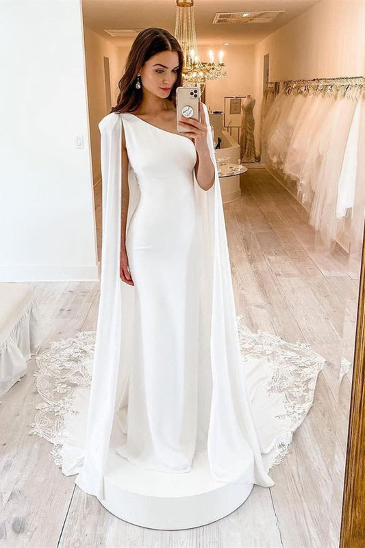 Chic Charmeuse One Shoulder Mermaid Wedding Dress With Lace Watteau
