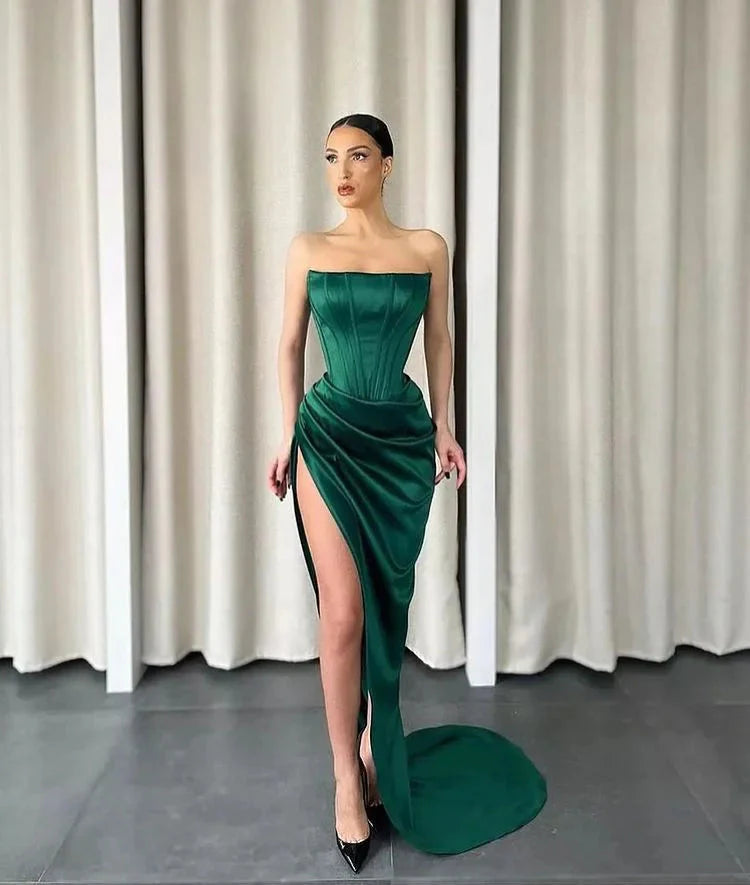 Chic Dark green Strapless Mermaid Evening Dress Long With Slit