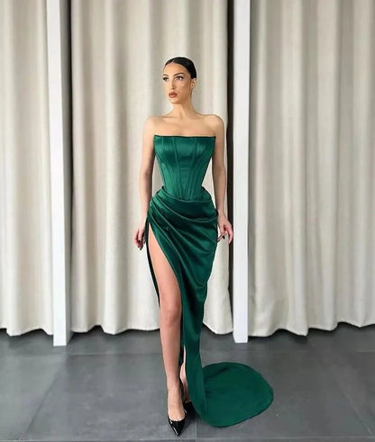 Chic Dark green Strapless Mermaid Evening Dress Long With Slit