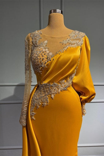Chic Gold Sheath Long Sleeve Appliques Prom Dress