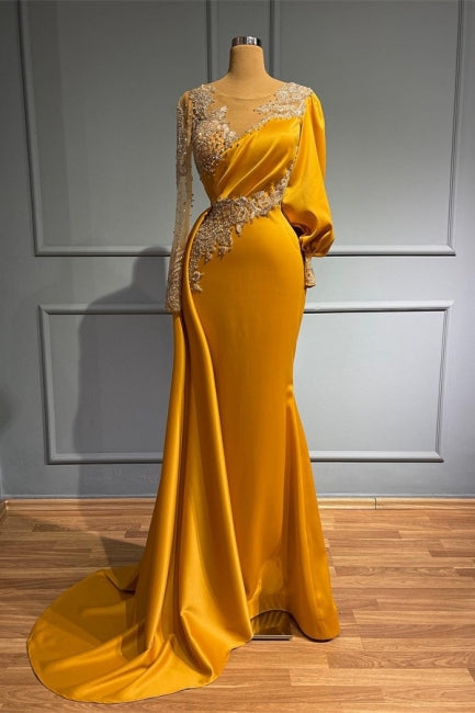 Chic Gold Sheath Long Sleeve Appliques Prom Dress
