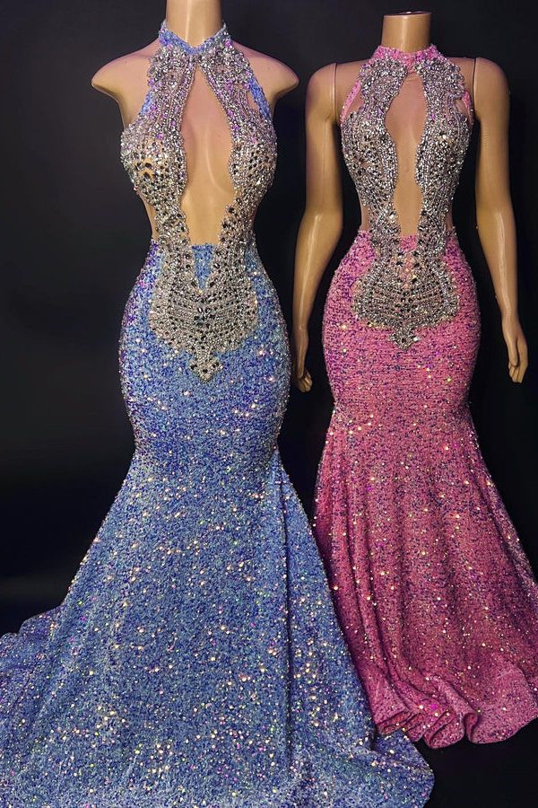 Chic Halter Sleeveless Sequins Mermaid Prom Dress with Crystal