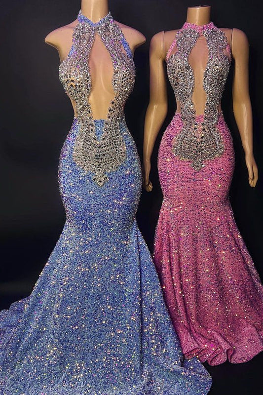 Chic Halter Sleeveless Sequins Mermaid Prom Dress with Crystal