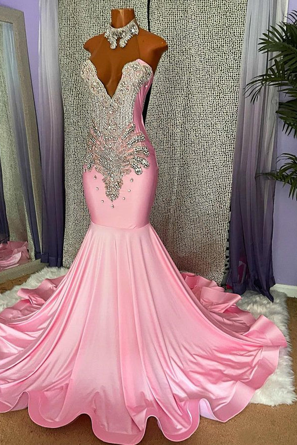 Chic High-Neck Pink Mermaid Prom Dress with Beading