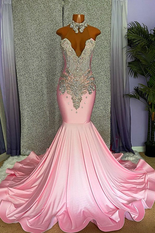 Chic High-Neck Pink Mermaid Prom Dress with Beading