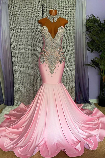 Chic High-Neck Pink Mermaid Prom Dress with Beading
