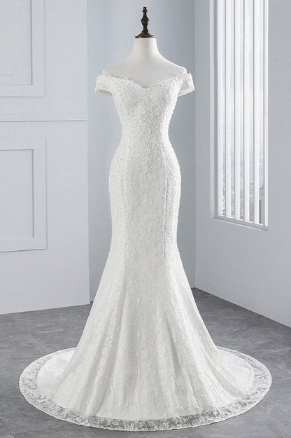 Chic Off-the-Shoulder Long Mermaid Wedding Dress with Lace