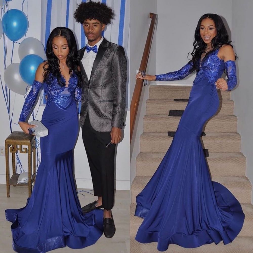 Chic Royal Blue V-Neck Mermaid Prom Dress with Gloves