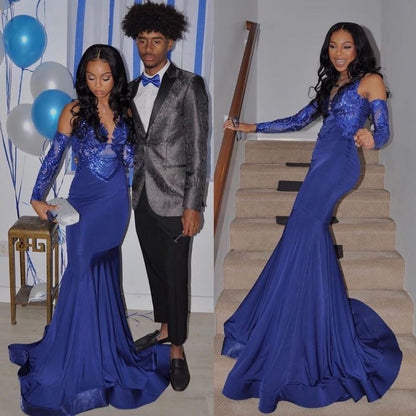 Chic Royal Blue V-Neck Mermaid Prom Dress with Gloves