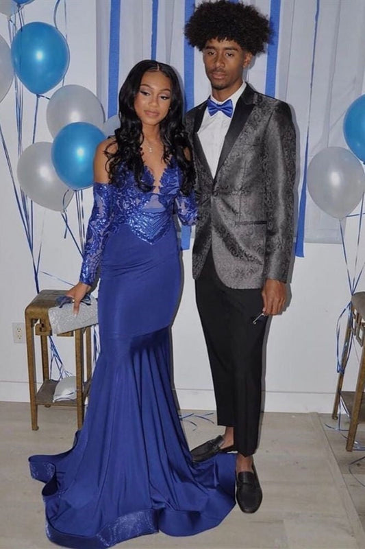 Chic Royal Blue V-Neck Mermaid Prom Dress with Gloves