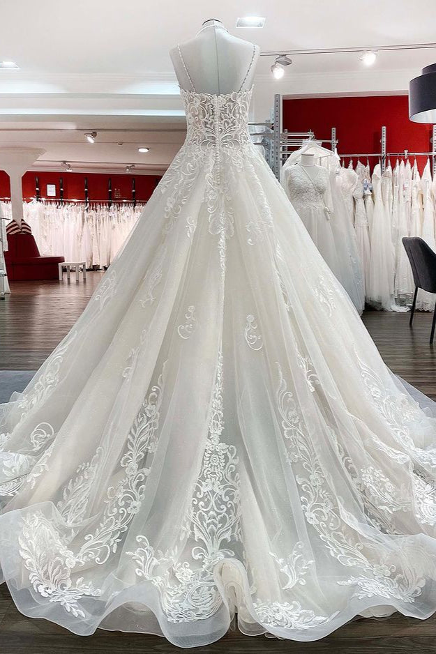 Chic V-Neck Spaghetti-Straps Wedding Dress with Lace Ruffles