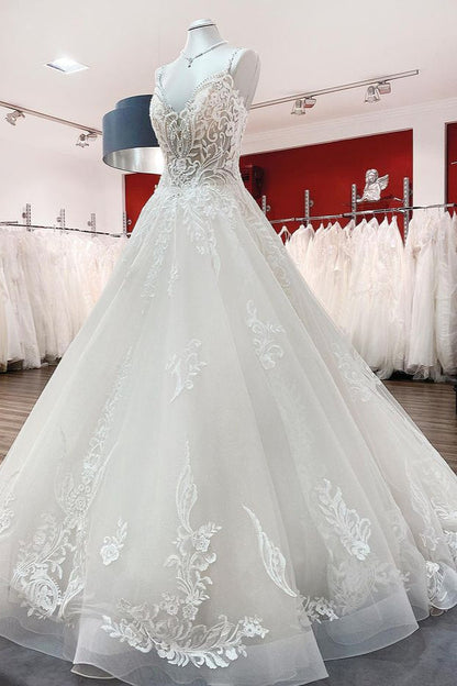 Chic V-Neck Spaghetti-Straps Wedding Dress with Lace Ruffles