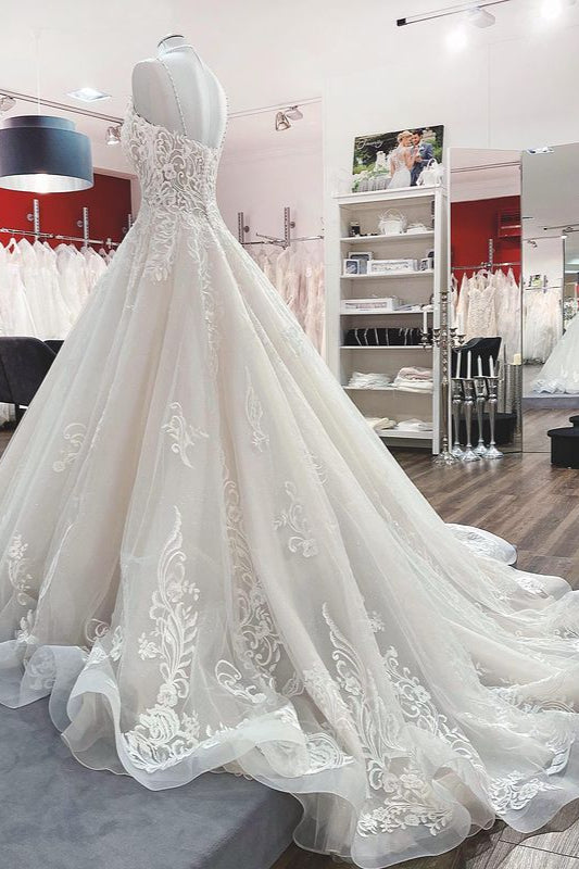 Chic V-Neck Spaghetti-Straps Wedding Dress with Lace Ruffles