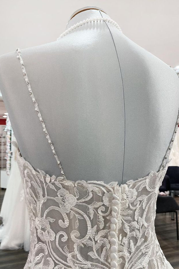 Chic V-Neck Spaghetti-Straps Wedding Dress with Lace Ruffles