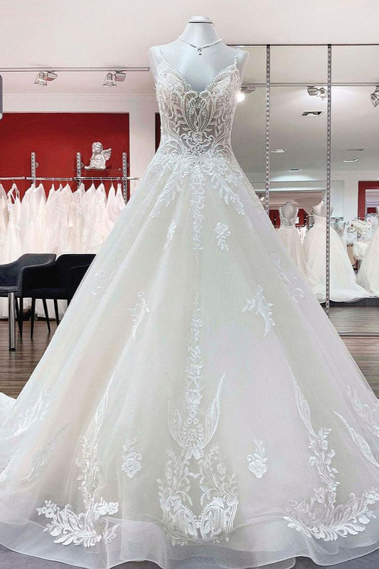 Chic V-Neck Spaghetti-Straps Wedding Dress with Lace Ruffles