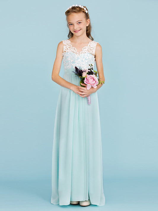 Chiffon Lace Junior Flower Girl Dress - Sheath Column V Neck Floor Length with Sash Ribbon Open Back for Wedding Party