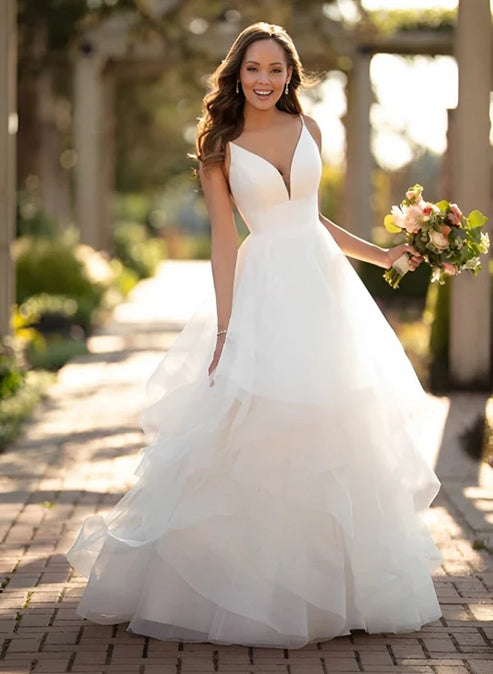 Classic Ball Gown Wedding Dress With Tulle Cascading Ruffles V-neck Sexy