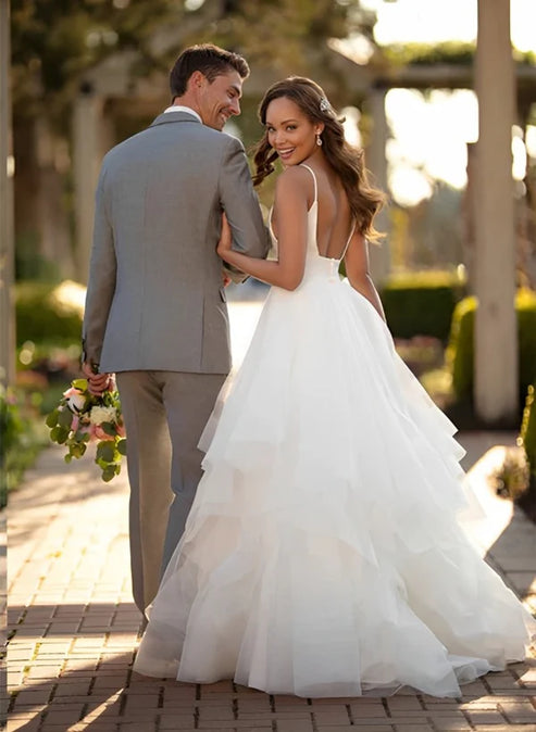 Classic Ball Gown Wedding Dress With Tulle Cascading Ruffles V-neck Sexy