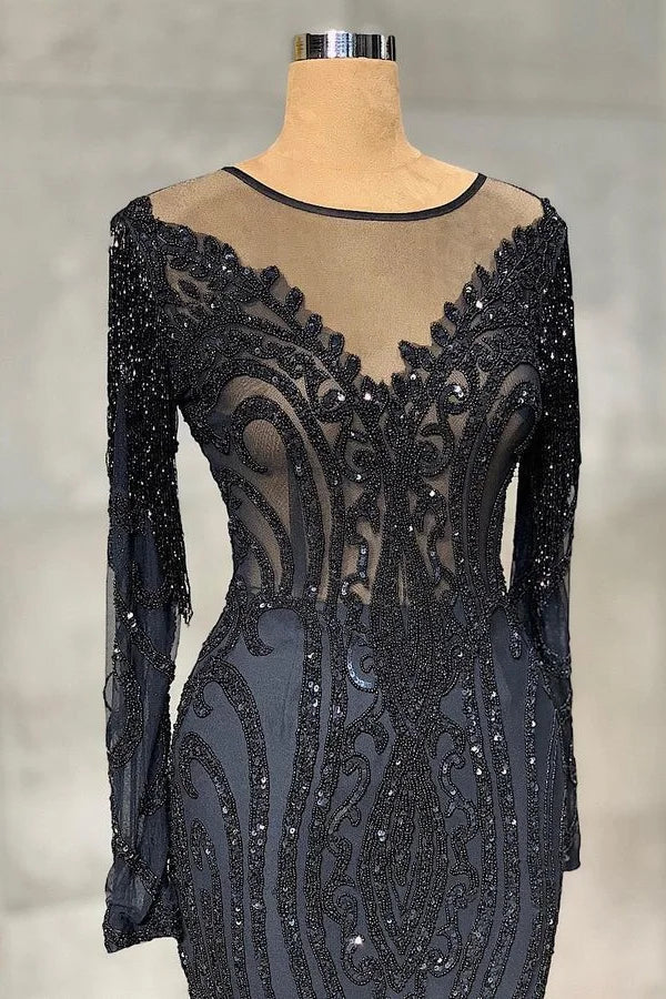 Classic Dark Navy Long Sleeves Mermaid Evening Dress Scoop With Sequins Beads