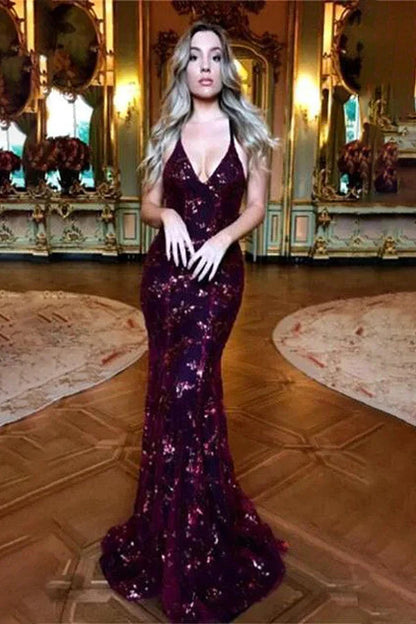 Classic V-Neck Sleeveless Mermaid Sequined Appliques Evening Dress Long